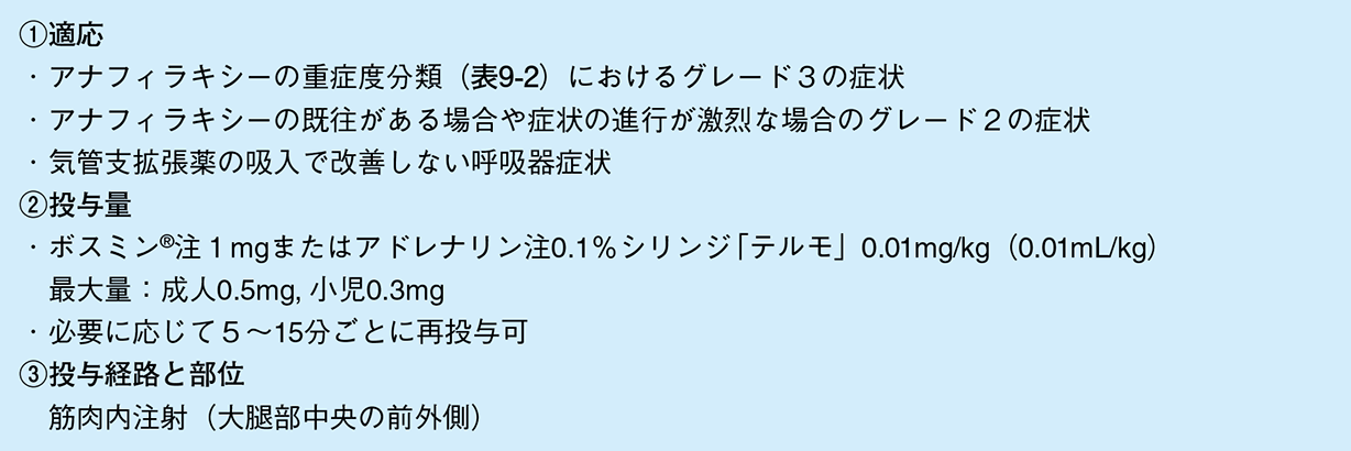 表９ - ３ 　アドレナリンの投与方法